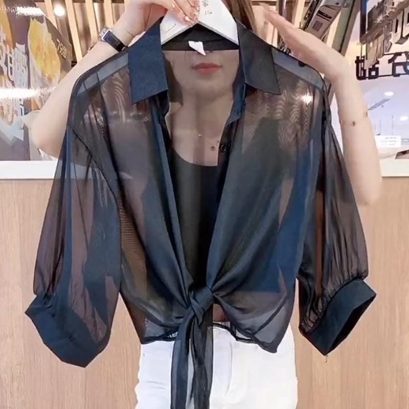 Thin Chiffon Air-conditioned Shirt with Small Shawl, Sunscreen Shirt, Women's Short Trendy Fashion Top, Summer Bat Cardigan
