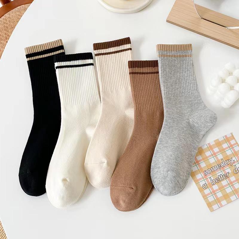 5 Pairs Trendy Striped Socks for Women Middle Tube Socks Japanese Style Fashion All-match Socks Solid Color Girls Socks