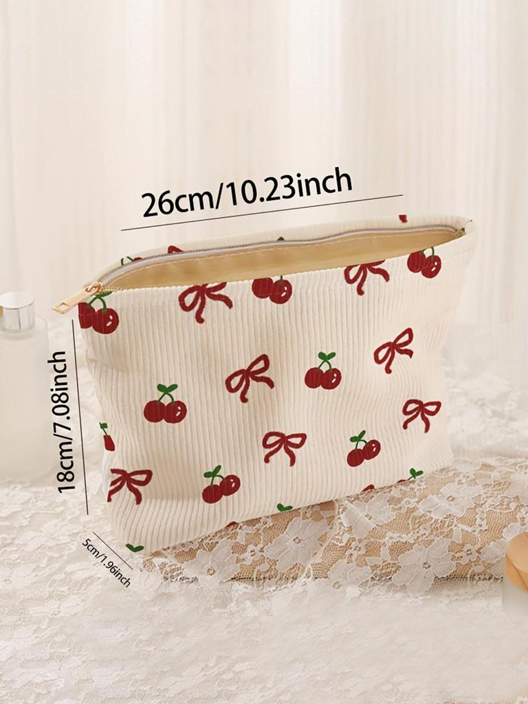 1pc, Pink bow patterned corduroy zipper makeup bag, lightweight and multifunctional makeup storage bag