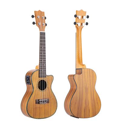 24-Inch Cutaway Ukulele Hawaii Guitar Instrument LED EQ Koa / Plywood Cowry Shell Brims / OX Bone