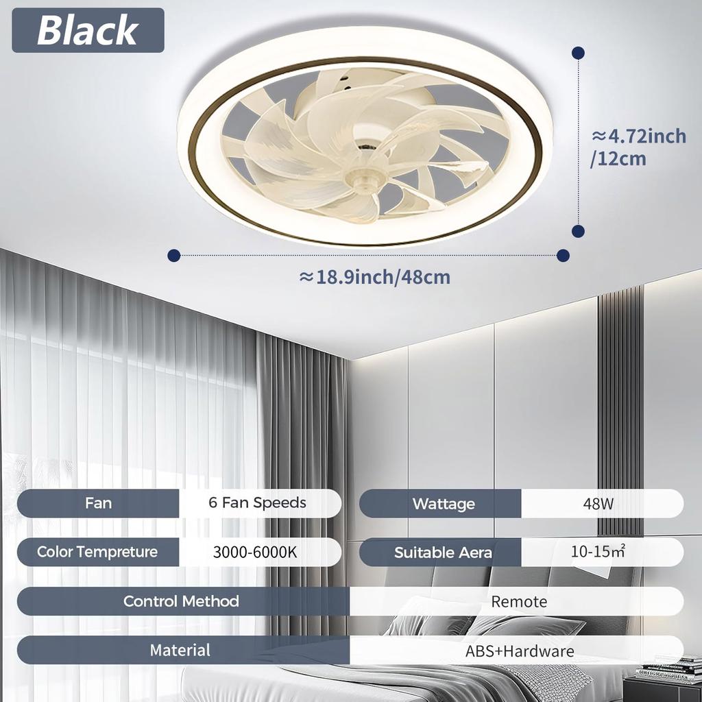 48cm Ceiling Fan Light, Thin Silent Ceiling Fan with Remote Control, Unlimited Dimming, 6-speed Adjustment, Bedroom Living Room