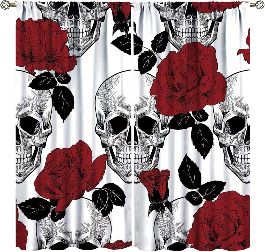 Vintage Skull Curtains Rose Flowers Wildflowers Halloween Theme Scary Curtain Bedroom Living Room Home With Rod Pocket Polyester Ideal For Sitting