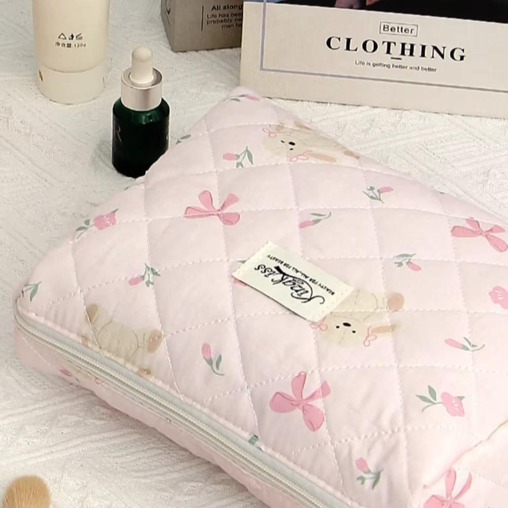 Fashion Bow Women Makeup Bag Large Capacity Multifunctional Cotton Quilted Zipper Bag Toiletries Handbag