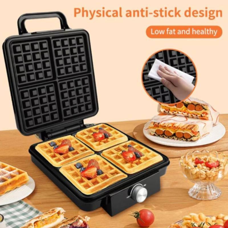 4-Scheiben Antihaft-Waffelautomat Doppelseitige Heizung Temperaturregelung Pfannkuchen Eierkuchen Backmaschine
