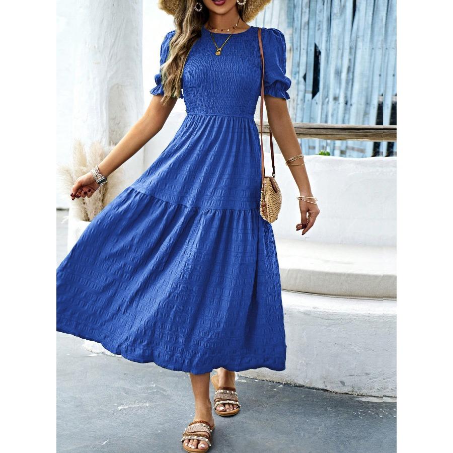 Casual Vacation Style Lotus Leaf Sleeve Cinched Waist Women's Long Dress 2025