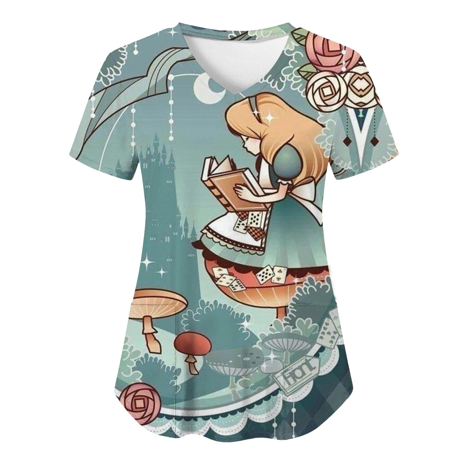 

Летние топы для женщин-медсестер, униформа медсестры с принтом «Алиса», футболка с V-образным вырезом и карманом для работников сферы здравоохранения, рабочая одежда для клиник XL