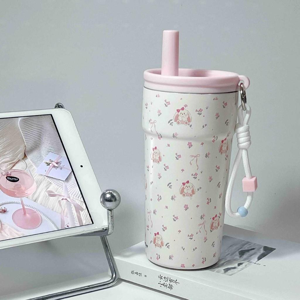 Cartoon Puppy Print 316 Stainless Steel Insulated Mug With Straw For School And Work розовый