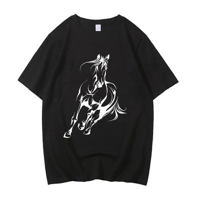 Herren Sommer Hochwertiges Baumwoll T-Shirt Lässig Locker Laufendes Pferd Muster Gedruckt Rundhals Kurzarm T-Shirt Top