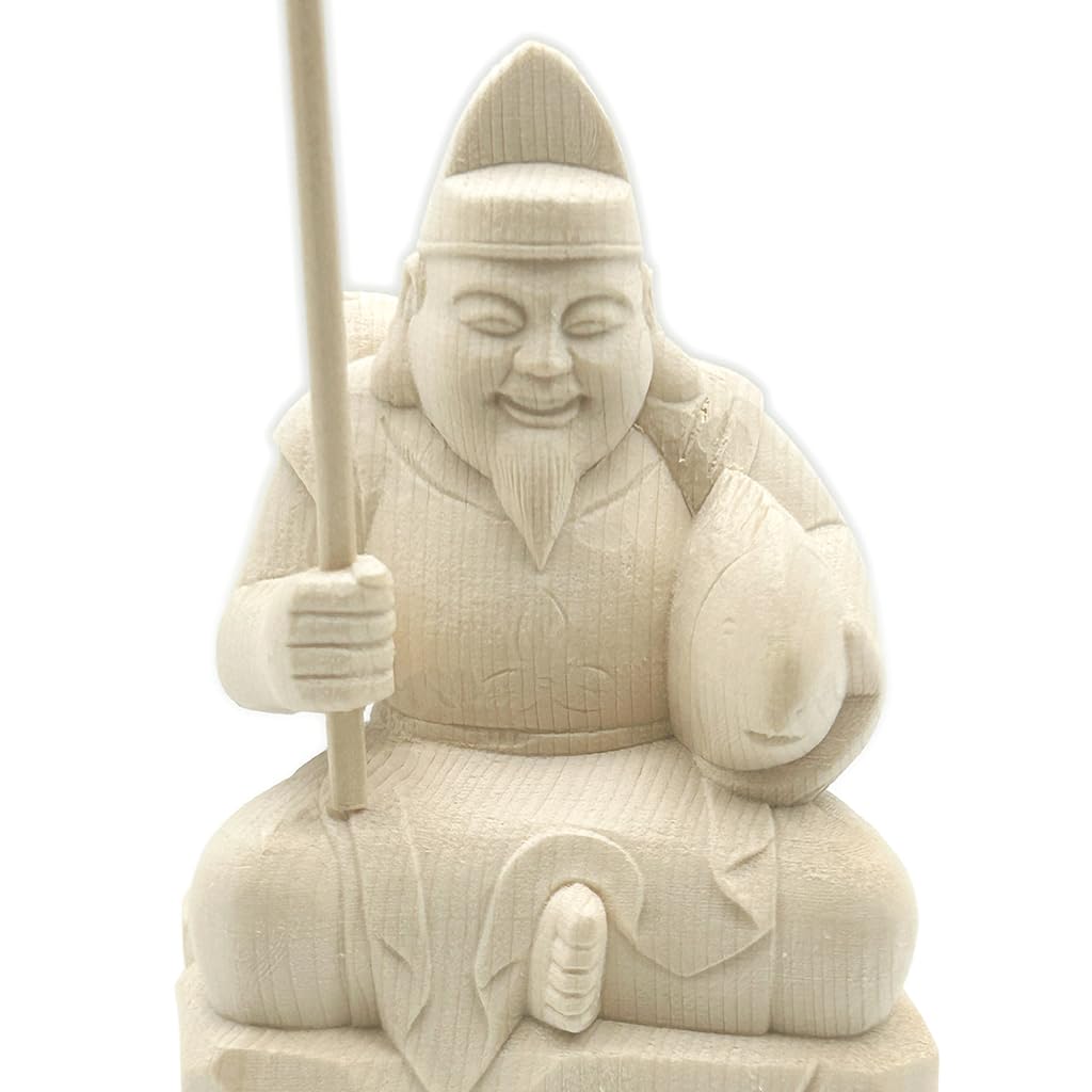 HU Trading Ebisu Ten (total Height 14cm, Width 8.5cm, Depth 7cm) Wood Carving Figurine Made of Hinoki Wood Ebisu Seven Lucky Gods B13730