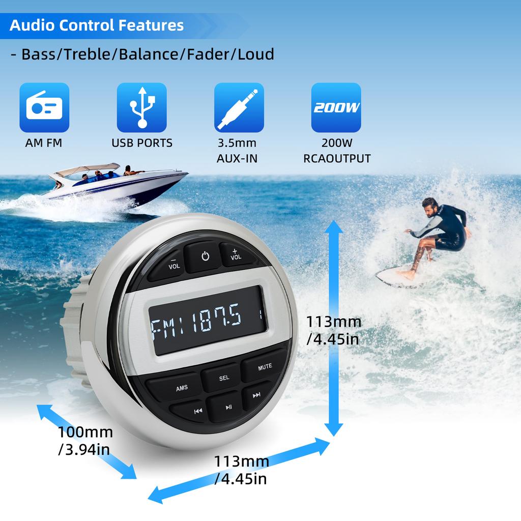 Marine Boat Radio Media MP3 Stereo Radio FM AM Receiver Bluetooth-compatible Media Audio Player For Yacht RV ATV UTV SPA RZR