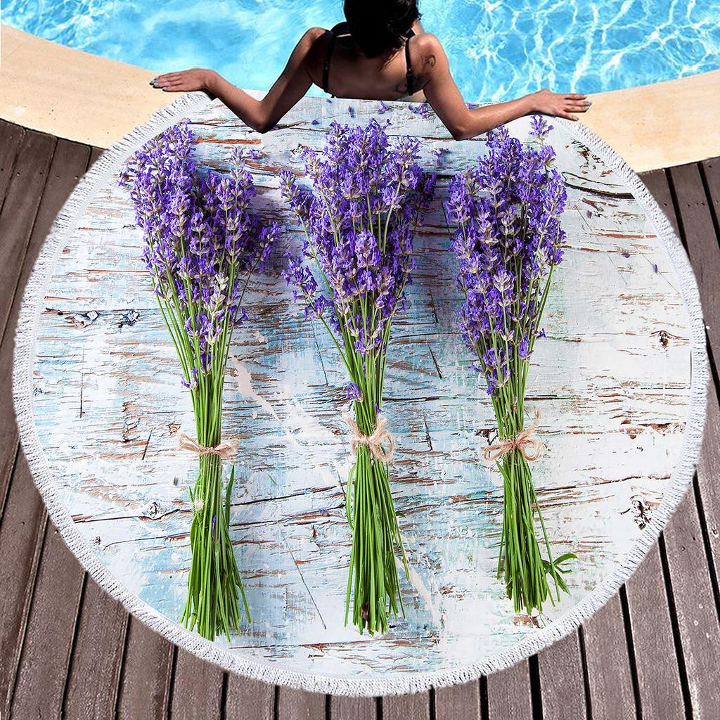Purple Flower Lavender Round Beach Towel, Microfiber Beach Blanket Absorbent Quick Dry Swim Pool Bath Circle Towel with Tassels