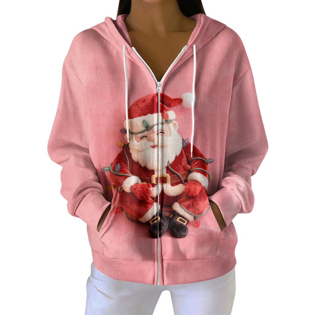 Dámská ležérní módní pletená mikina s kapucí na zip s dlouhým rukávem a vánočním potiskem