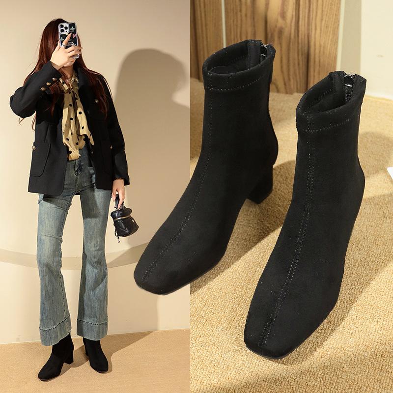 Retro High-heeled Suede Square Head Thin Short Boots Women's Shoes Spring and Autumn 2025 New Korean Small Ankle Boots Martin Boots