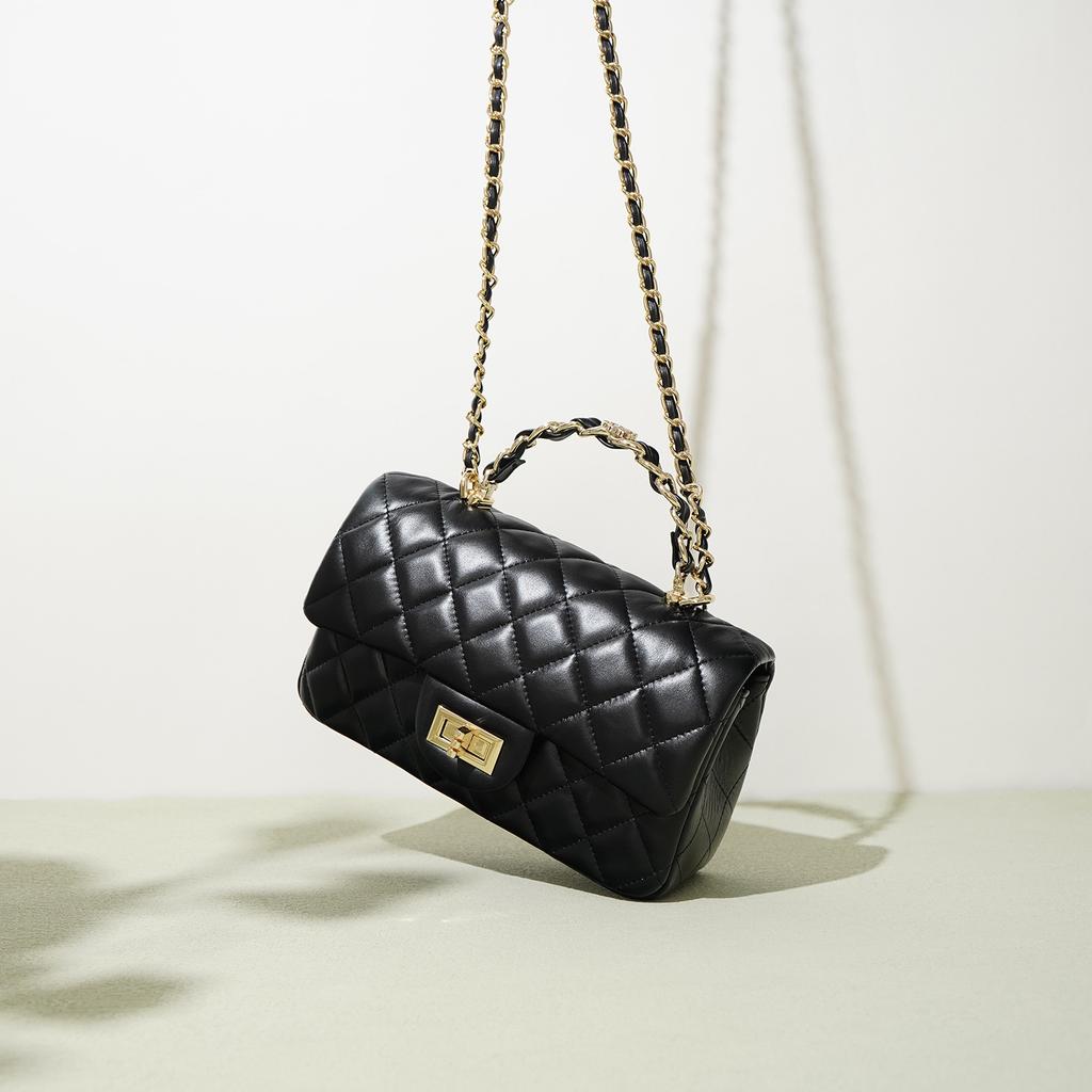 Leather and Cowhide Handbag, One Shoulder Crossbody Women's Bag, Diamond Grid Chain Bag, Versatile, Light Luxury Commuting Women's Bag