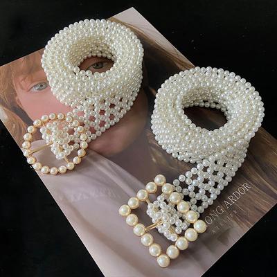 Pearl Ladies Belt Elastic Beaded Waist Chain Women'S, Simple Rhinestone Inlaid Square Buckle Waist Seal Tide