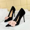 Spring Autumn New Banquet Wedding High Heels Shoes Suede Fine Heels Shallow Mouth Pointed Flower Decorative Women's Single Shoes