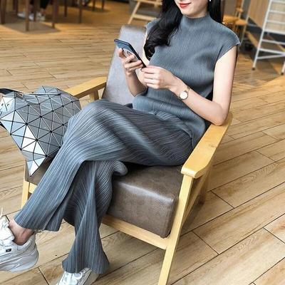 Pilili Düz bacak Pantolon Takım Elbise İlkbahar Ve Yaz kadın Giyim Hong Kong Tarzı Moda Rahat Iki parçalı Takım Elbise