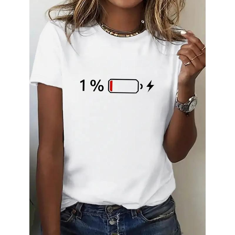 Shirt 1% Battery Print Graphic Casual T-Shirt Short Sleeve T Shirt Women's T-Shirt Clothing Top Tee Girls