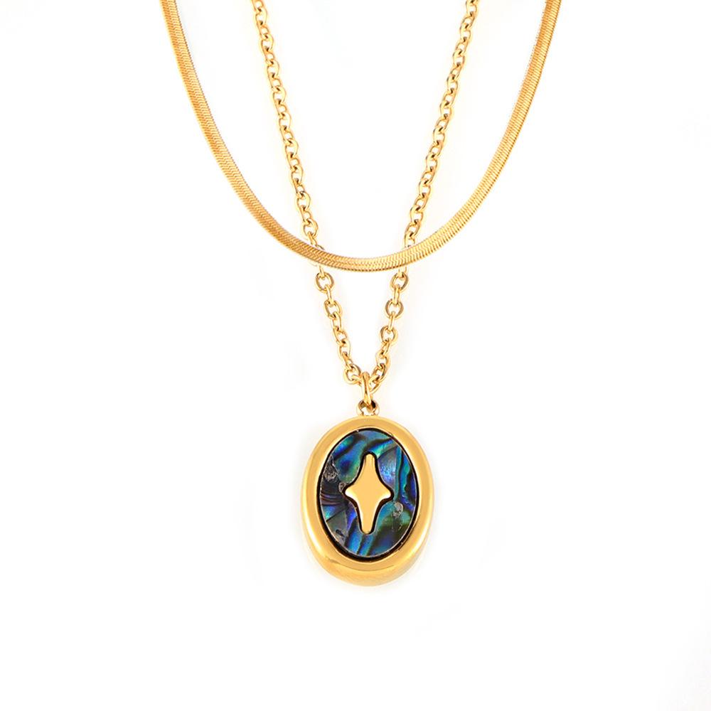 Colorful Oval Shell Pendant Necklace In Gold Plated Titanium Steel