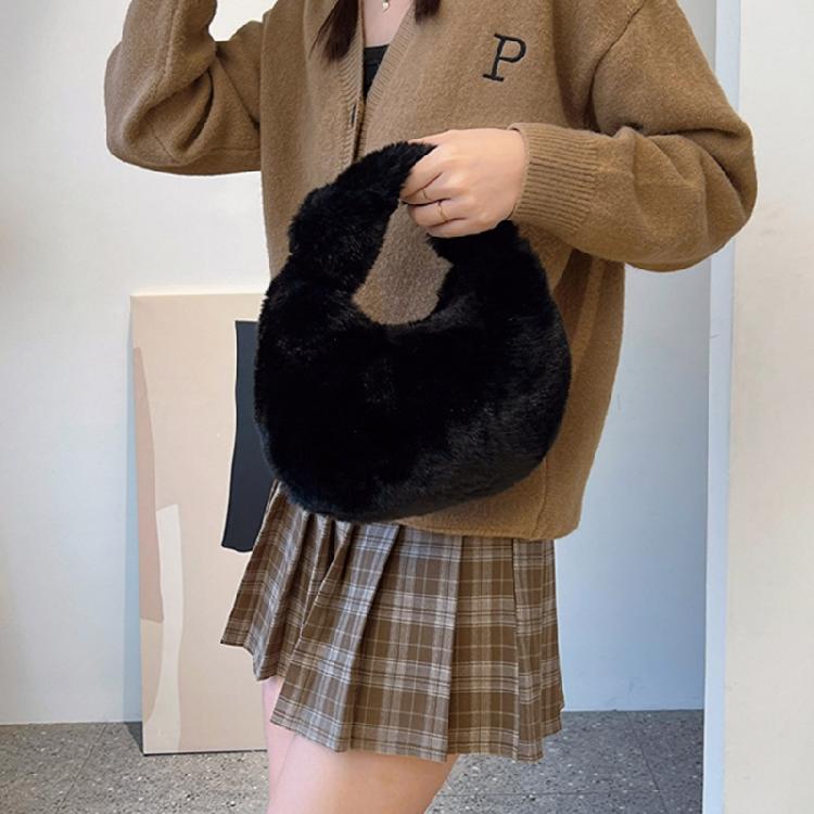 Faux Furs Shoulder Bag with Tie Zipper Casual Shoulder Bag Half Moon Purse Bag