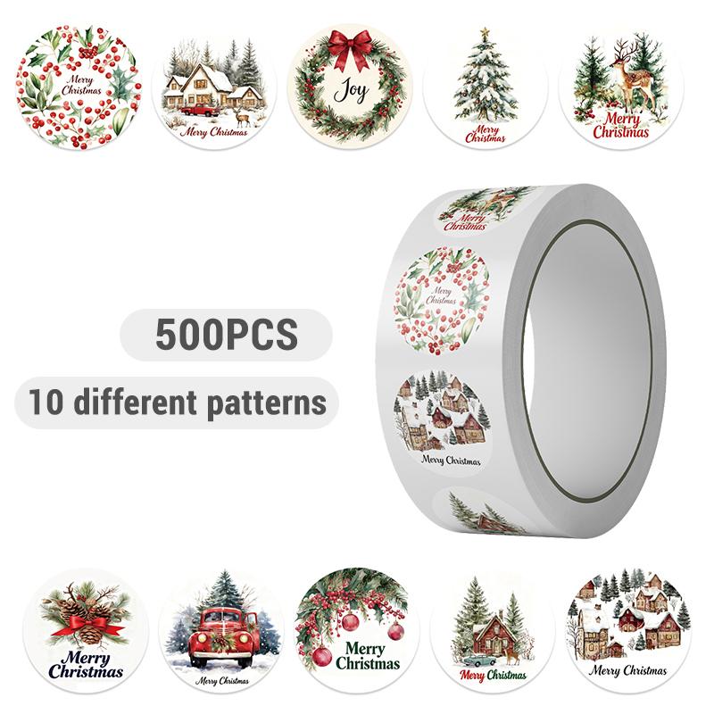 500 шт. Рождественские наклейки в рулоне Наклейки-этикетки «С Рождеством» в рулоне 1,5 дюйма 10 дизайнов Круглые рождественские бирки Рождественский венок