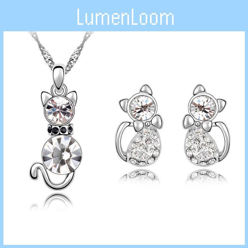 Crystal Cat 3pcs Shaped Necklace Earrings Jewelry Set Gift Teen Girls Women For