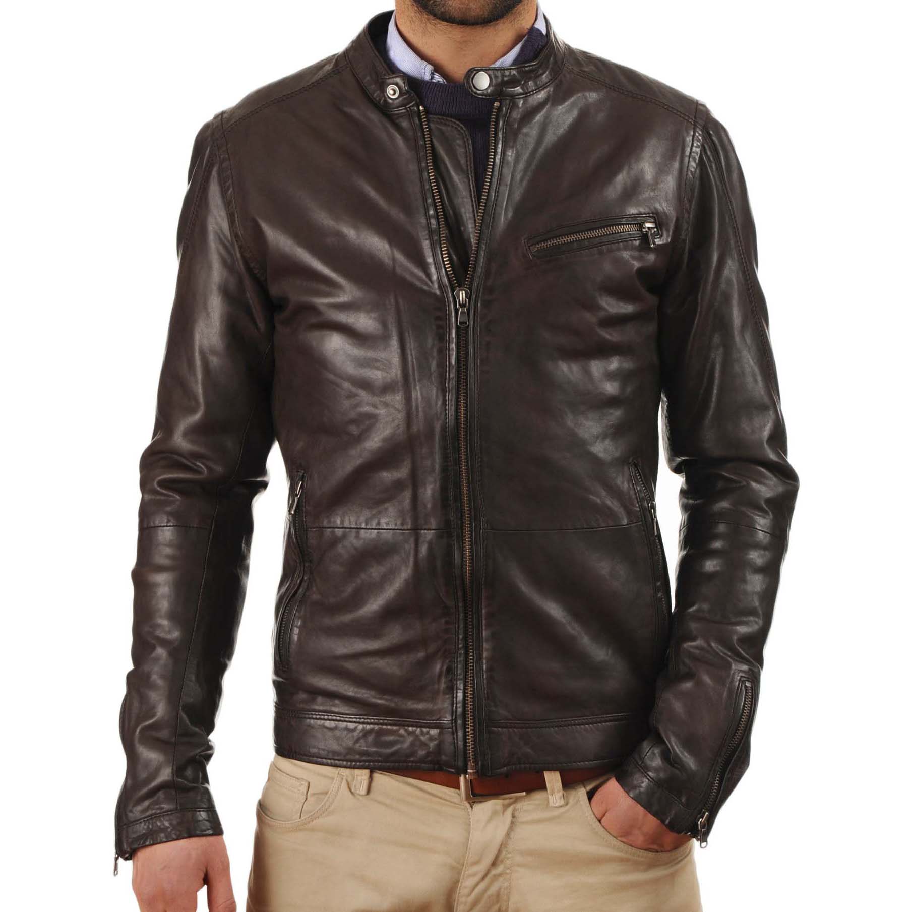 

SkinOutfit Men s Genuine Lambskin Brown Leather Jacket Stylish Motorcycle Bomber Biker Outerwear MJ 13 3XL коричневий