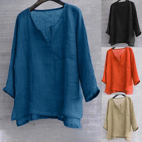 Men Casual Summer Solid Color Long Sleeve V Neck Slitting Hem Loose T-shirt Top