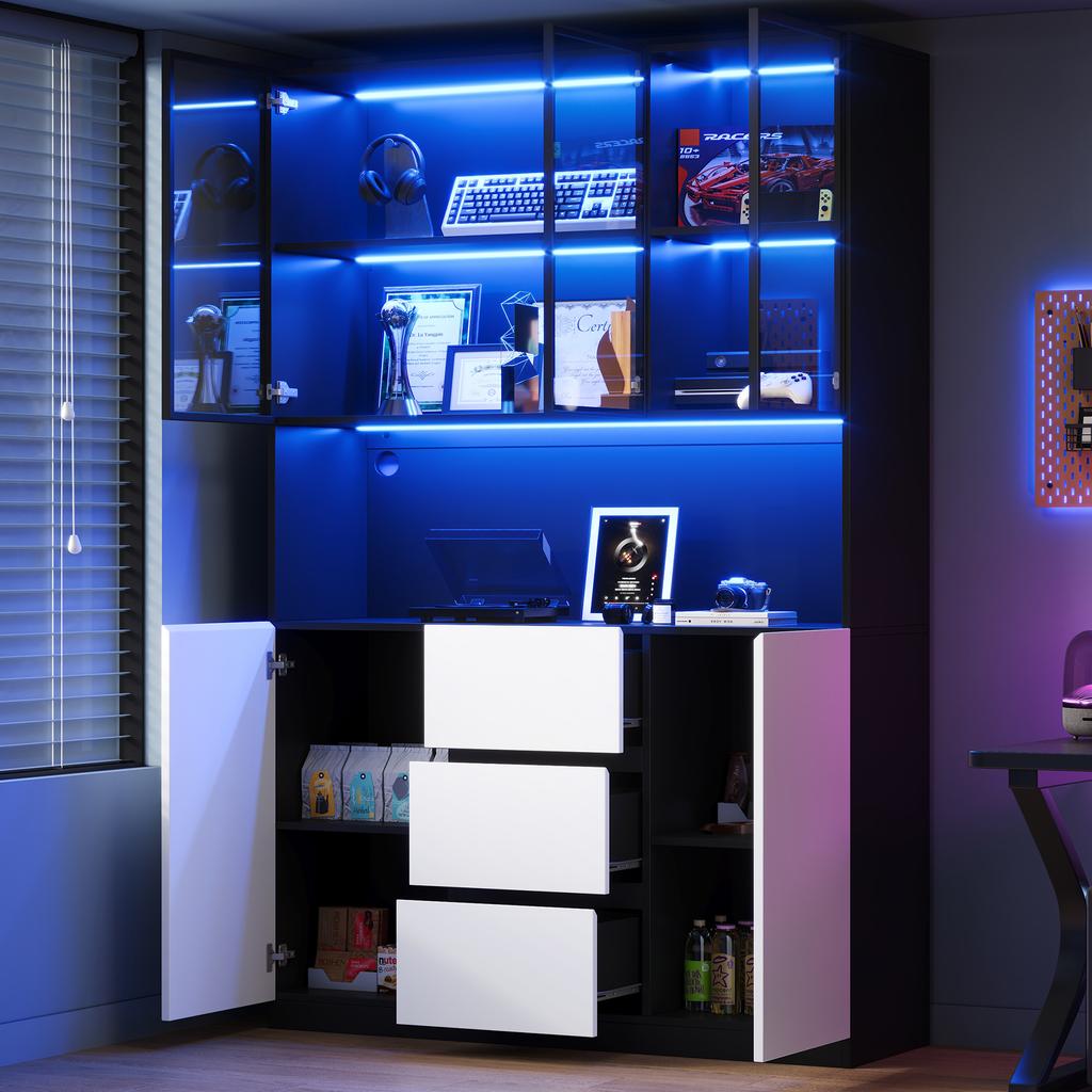 LED-beleuchteter Glasvitrinenschrank 120×40×200 cm – Gehärtetes Glas mit Regalen, Drei Schubladen und Zwei Türen, Vielseitig für Wohn- und Esszimmer.