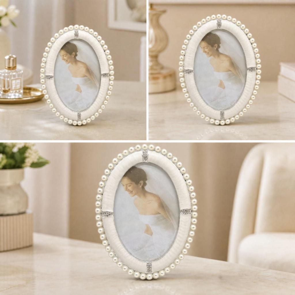 Oval Pearlized Silver Photo Frame with Jeweled Accents Elegant Metal Picture