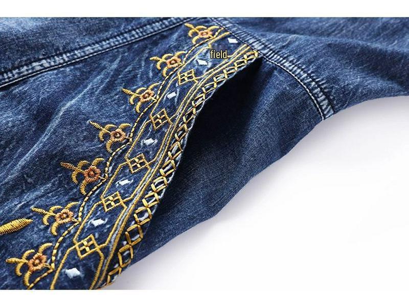 Ethnic Embroidered Denim Strappy Maxi Dress - Slimming Ankle-Length Style
