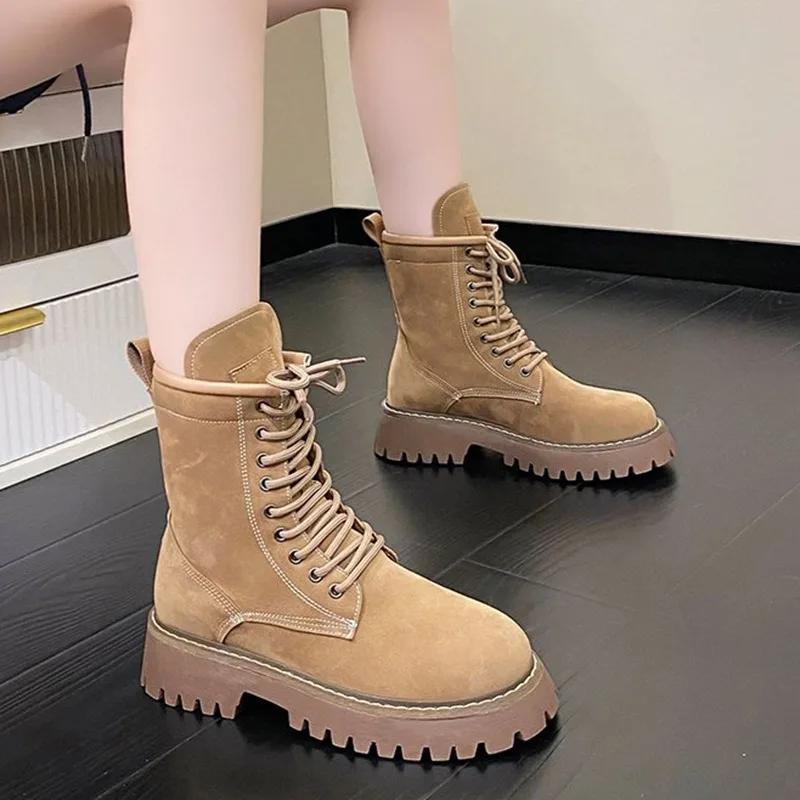 Fashion New Western Boots Women Shoes Leather Suede Patchwork Botines Thick Med Heel Platform Leisure Ankle Boots Ladies Shoes