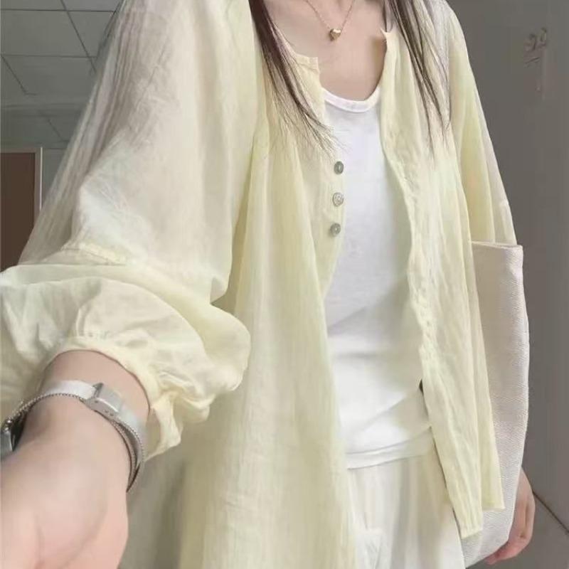 Summer New Women's Linen Sunscreen Shirt Short Coat Light Wear Small Cardigan Loose Long-sleeved Top
