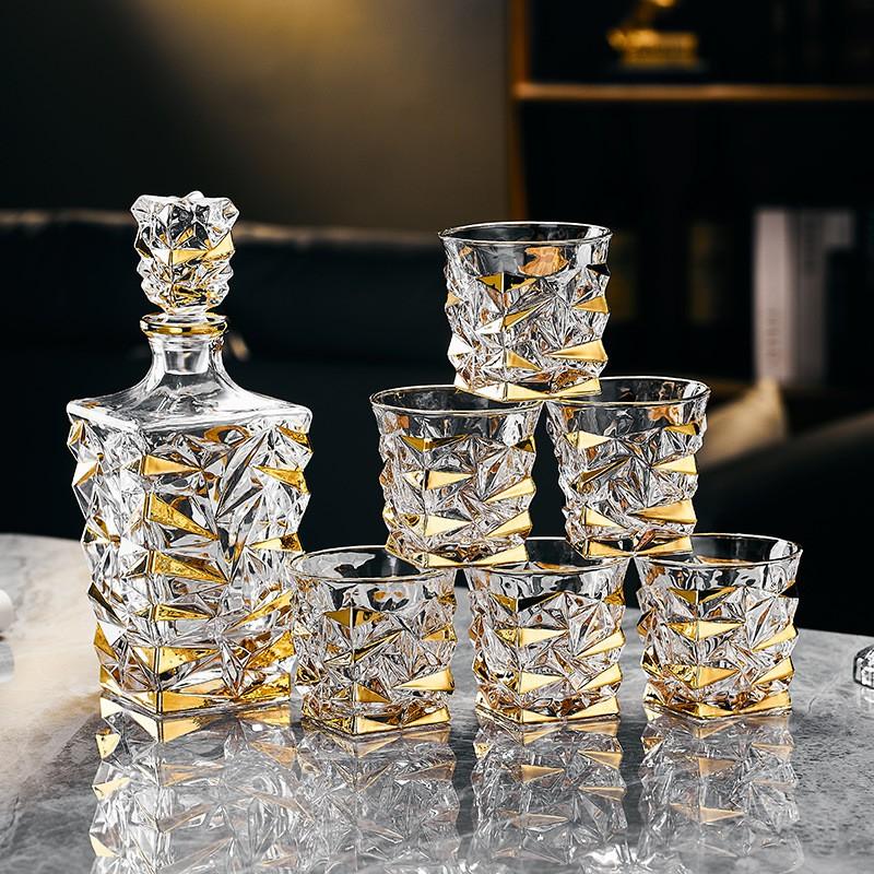 Premium Crystal Glass Whiskey Tumbler Set With Gold Trim Brandy Spirits Glasses 6-Piece Or 2-Piece Decanter
