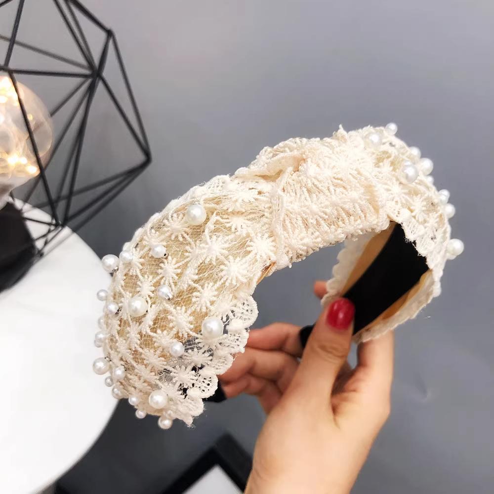 1 piece of lace lace knotted headband, wide edge Korean style headband nail, pearl Korean style headband for women