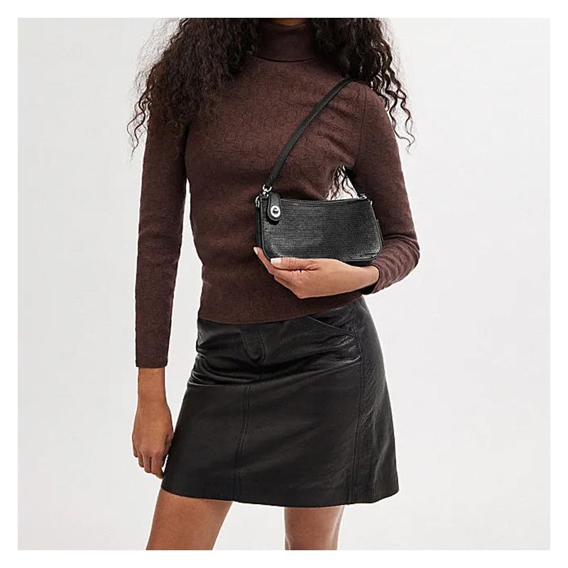 COACH Penn 21 solid color sequin card slot turn-buckle zipper closure cow leather armpit bag hand shoulder bag small size women's black
