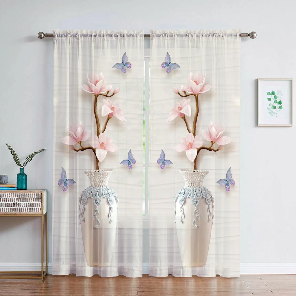 Delicate Vases Floral Curtain Living Room Bedroom Transparent Tulle Chiffon Voile Kitchen Window Curtains Sheer Made Of Polyester Sitting Decor