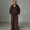 Autumn and winter new European and American style loose hooded zipper sweater set two-piece casual sweatpants women's solid color