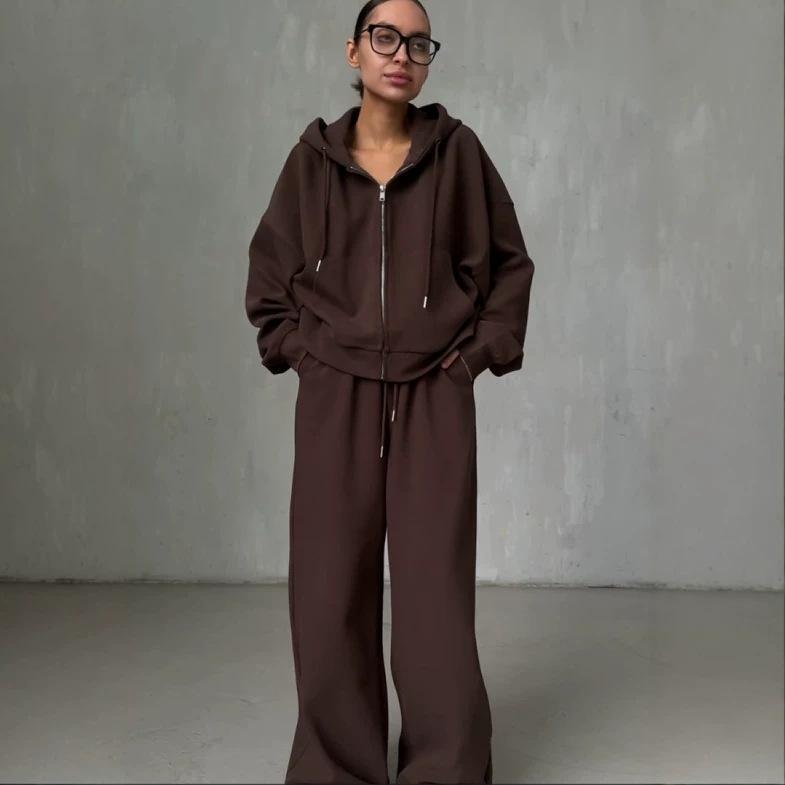 Autumn and winter new European and American style loose hooded zipper sweater set two-piece casual sweatpants women's solid color