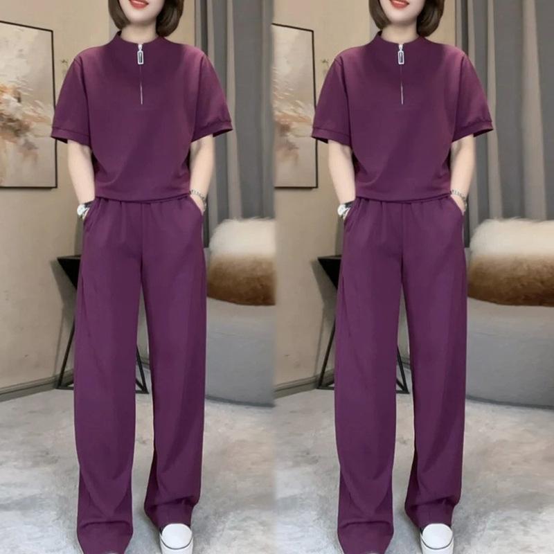 Button-down Casual Sports Outfit for Women, Summer Fashion Set, Straight-leg Pants, Loose Fit, Slimming Two-piece Set