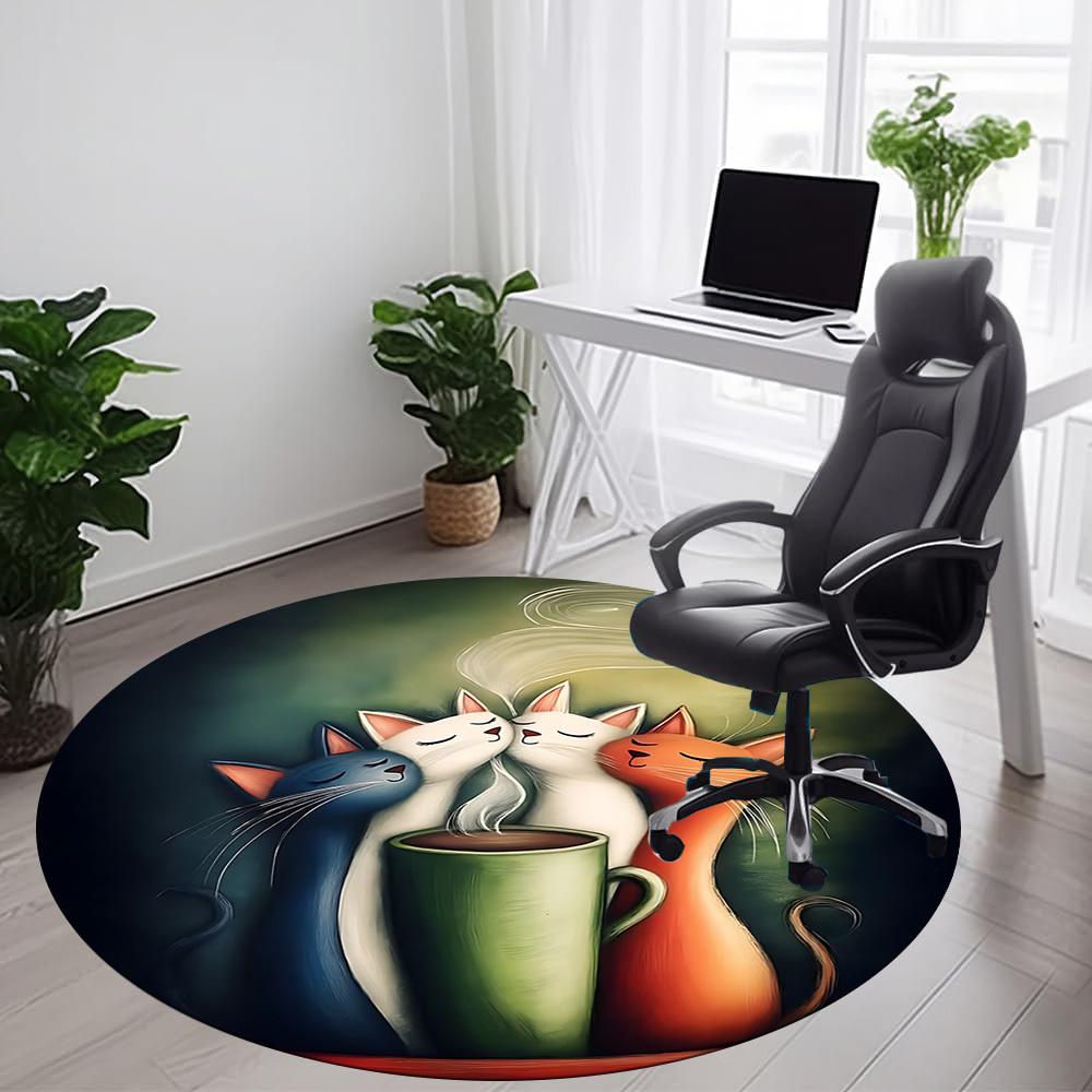 1pc Cats Coffee Office Round Area Rug, Indoor Mat Suitable ForOffice, Under Office Chairs Bedroom Living Room Home Decor, Room Deco  D042