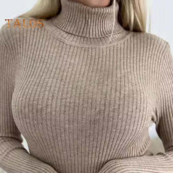 Damski sweter bazowy z wysokim kołnierzem Elastyczna oddychająca tkanina Jednolity kolor Dzianinowy pulower Styl leniwy Długi rękaw Dopasowany sweter