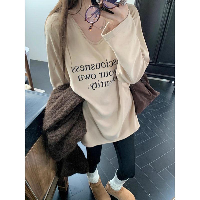 

Женская футболка с длинным рукавом и принтом белых букв, с бархатной подкладкой - Топ с круглым вырезом, облегающего кроя, для осени/зимы M хаки