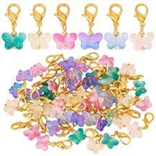 PH PandaHall 60Pcs Glass Butterfly Dangle Charms Crochet Stitch Marker 6 Colors Crystal Glass Charms Pendants With Lobster Claw Clasps For Necklace