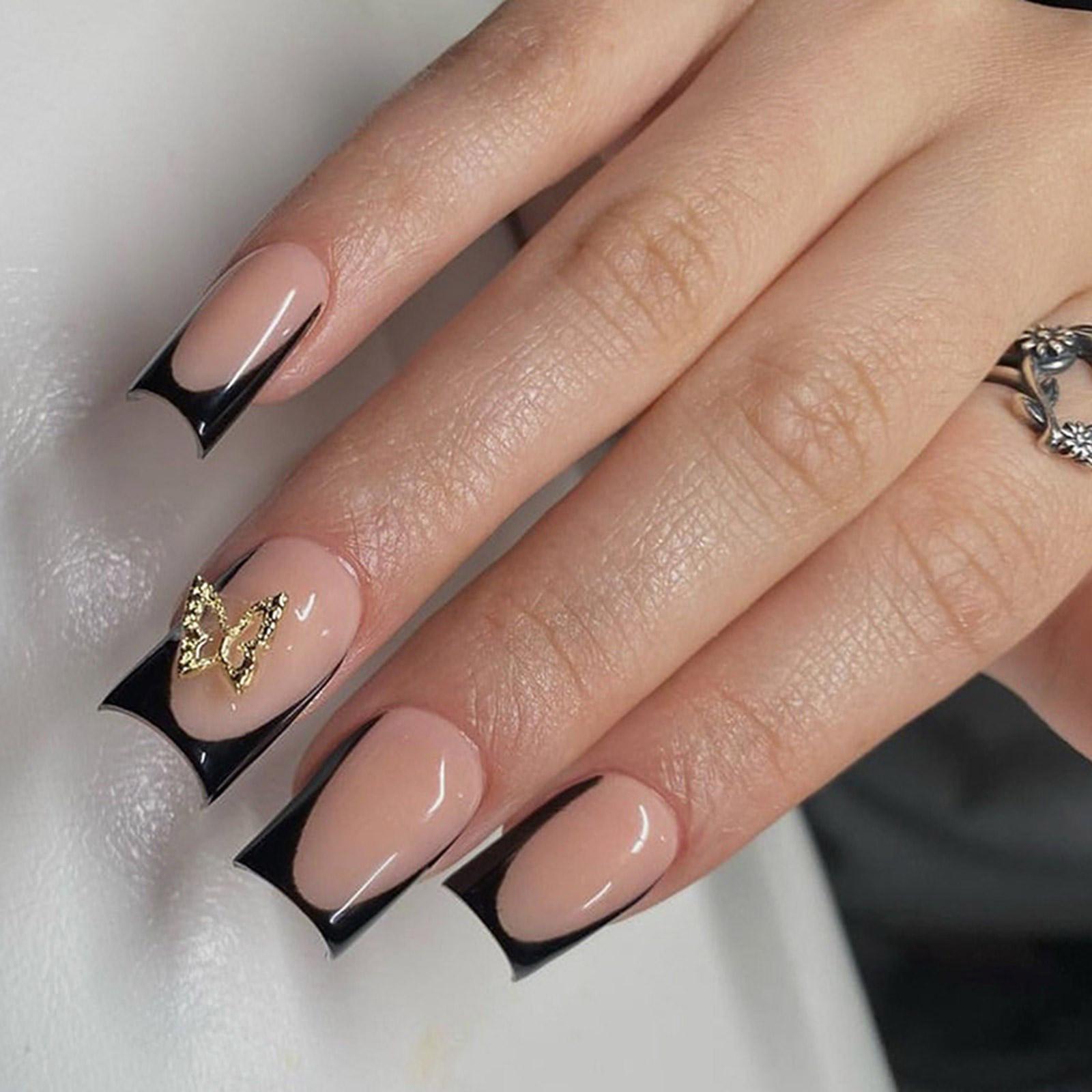 

24 шт. накладные ногти черного цвета для французского маникюра с бабочкой, полное покрытие, наклеиваемые ногти для женщин и девочек