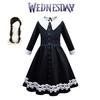 Vestido Wednesday Addams Bolsa Peruca Fantasia Cosplay Meninas Festa de Natal