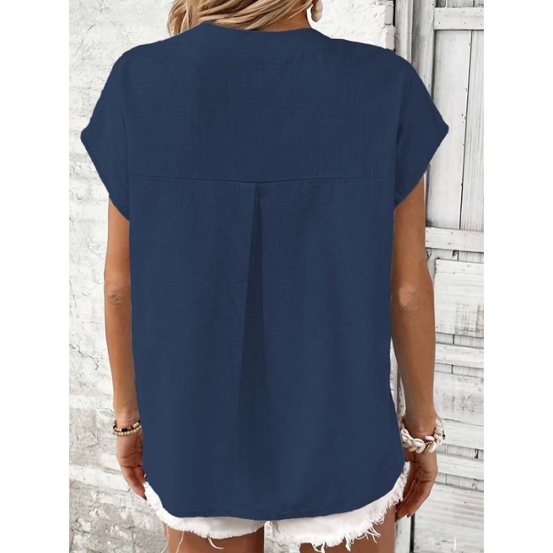 Summer Short Sleeve Loose Women Blouse New V-neck Button Retro Cotton Shirts Office Casual Simple Tops Shir… More