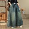 2026 Plus Size Spring Autumn Women Wide Leg Jeans Elastic Waist Drawstring Casual Loose Baggy Denim Trousers Vintage Split Oversized Ladies' Jeans