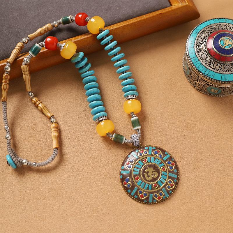 Vintage Tibetanskt Nepalesiskt Halsband Handvävt Turkos Nisch Personlighet Exotisk Herr- och Dam- Xizang Accessoarer