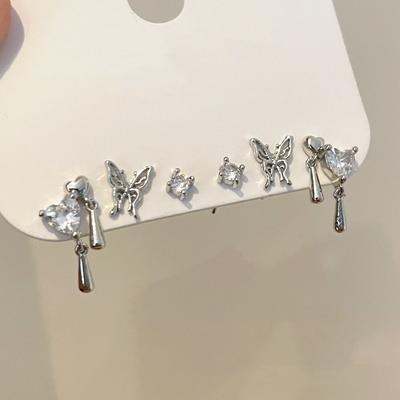 Korean Simple Heart Butterfly Stud Earring Set for Women Flowers Zircon Earrings Girl Party Wedding Engagement Jewelry